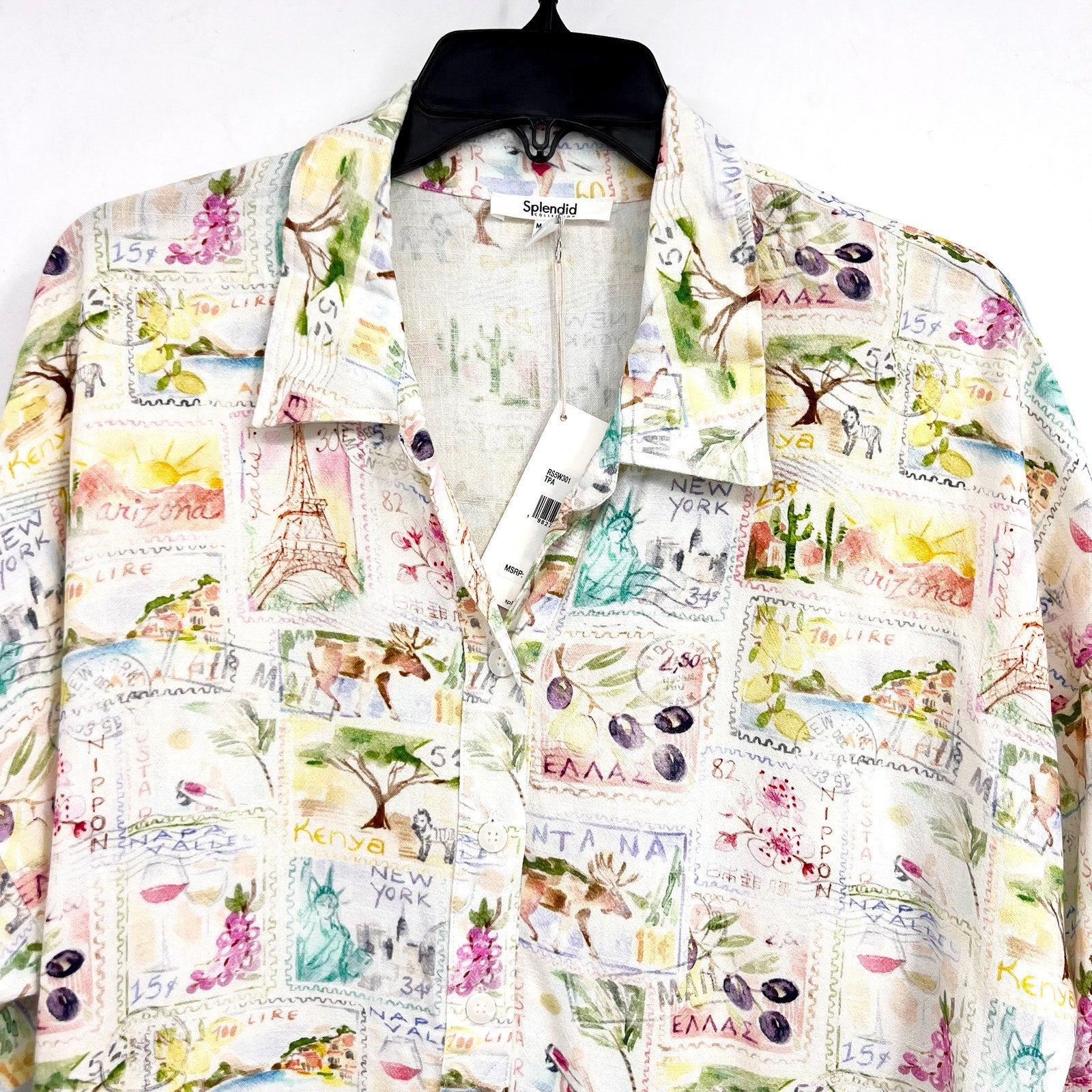 SPLENDID Women's Coastal Postcard Top Medium White Print Linen Blend Blouse NWT