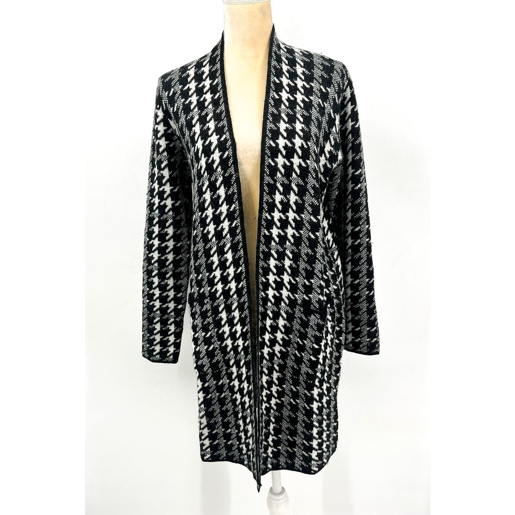 FORTUNE + IVY Women's Long Cardigan Sweater Small Black White Houndstooth NWOT