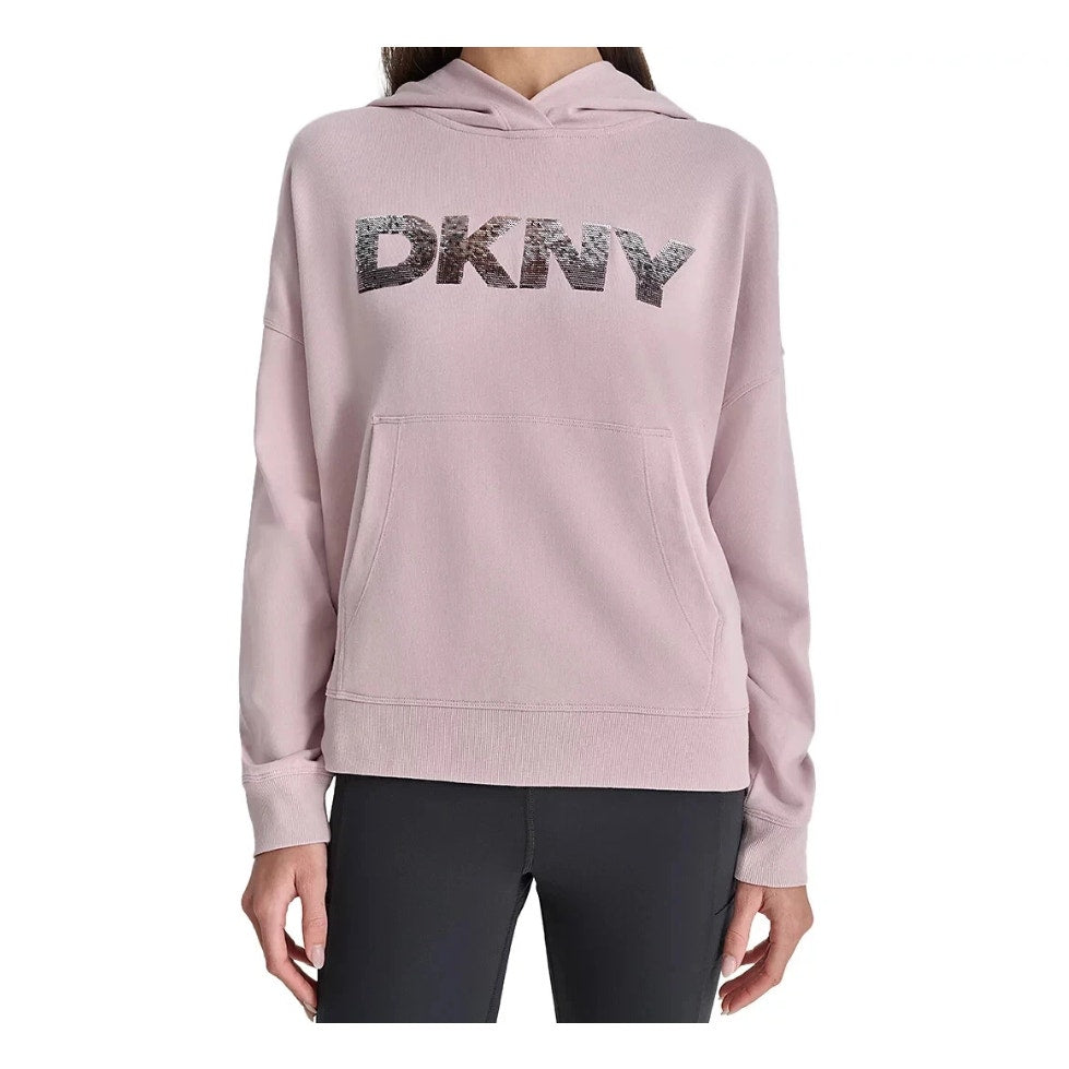 DKNY Women's Sequin Fleece Hoodie Medium Pink Allure Pullover Sweatshirt NWT