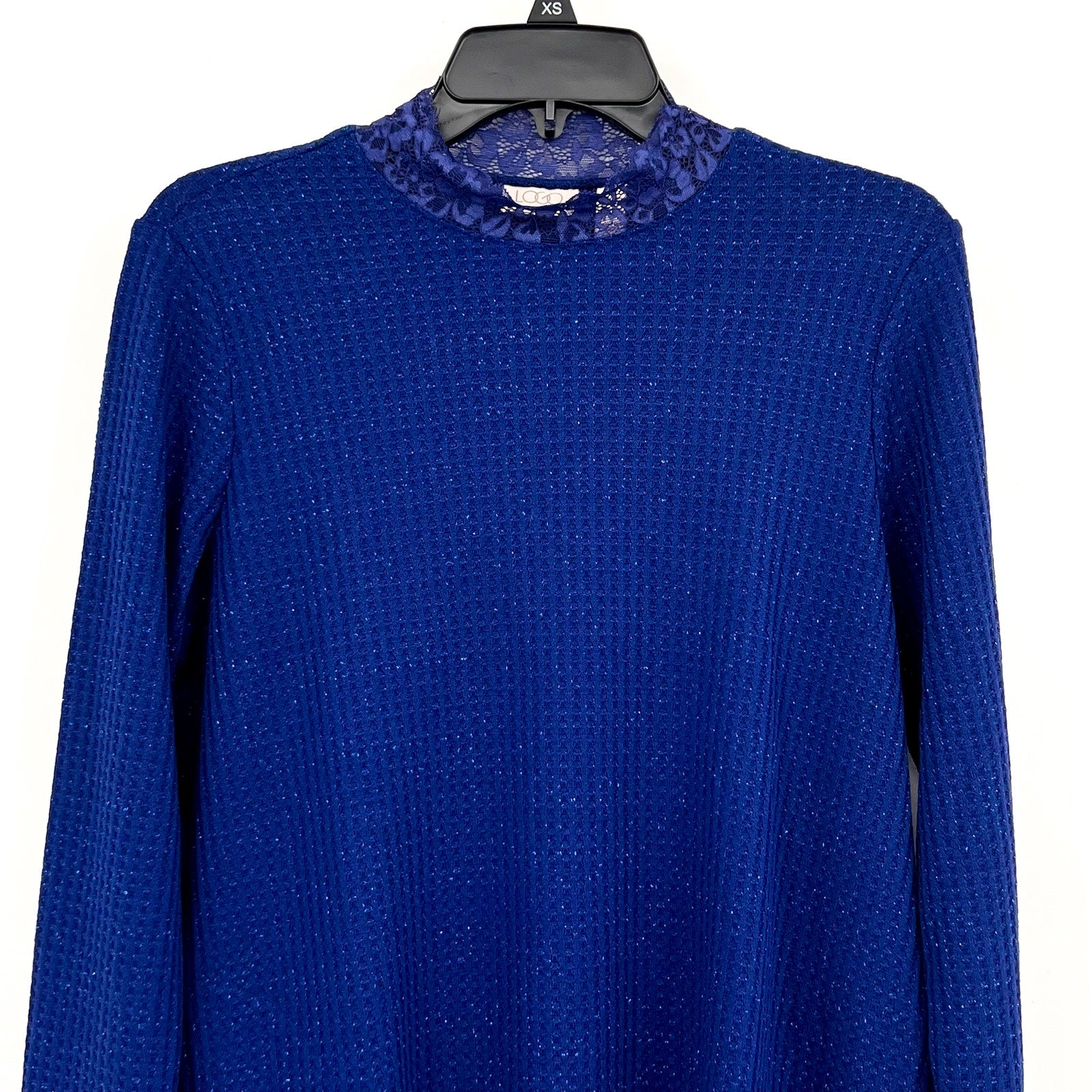 LOGO LORI GOLDSTEIN Metallic Waffle Knit Top Small Blue Sodalite Mock Neck NWOT