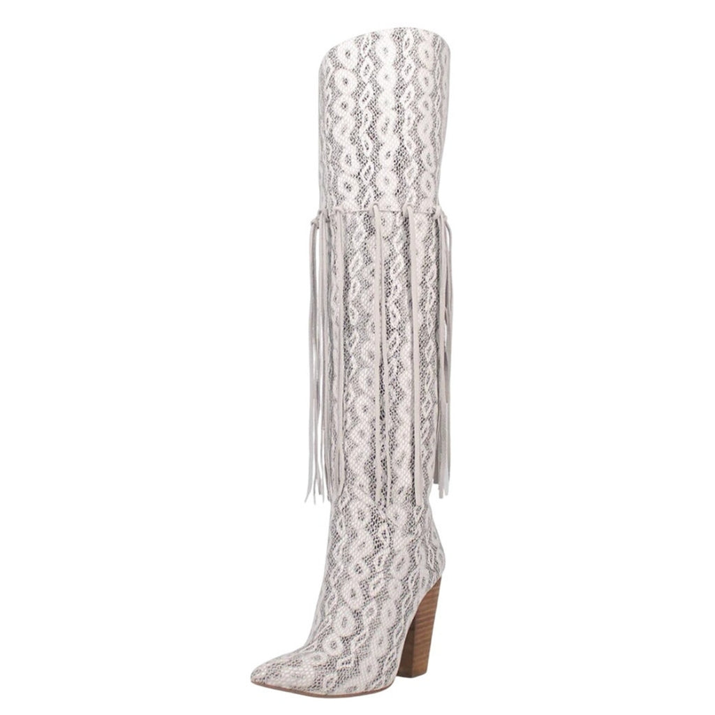 DINGO Womens Kitty Kat Fringe Cowboy Boots Size 8.5M White Snake Snip Toe NIB