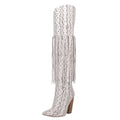 DINGO Womens Kitty Kat Fringe Cowboy Boots Size 8.5M White Snake Snip Toe NIB