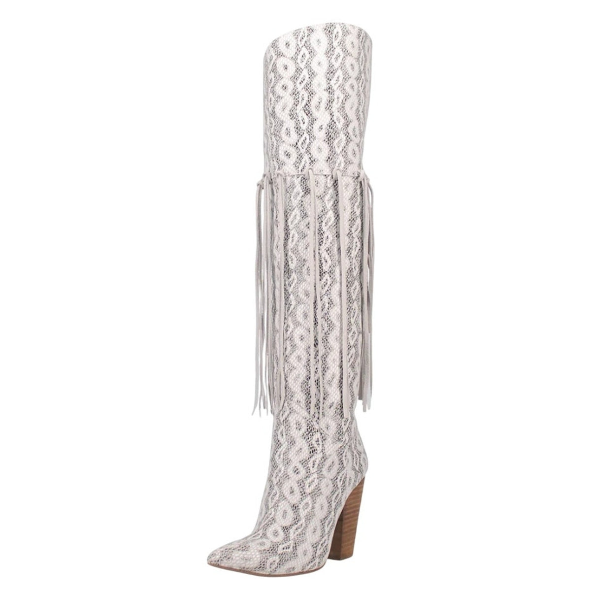 DINGO Womens Kitty Kat Fringe Cowboy Boots Size 8.5M White Snake Snip Toe NIB