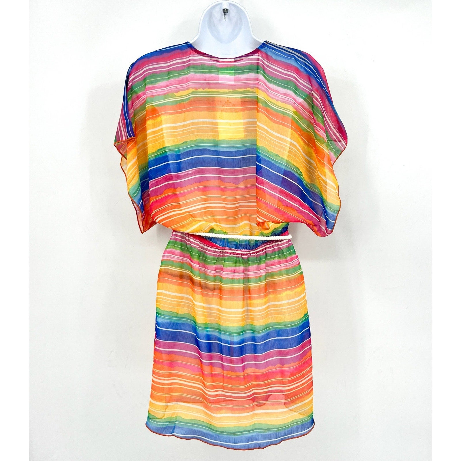 BECCA Shoreline Tunic Beach Cover Up XS-S Rainbow Multi Belted Chiffon NWT
