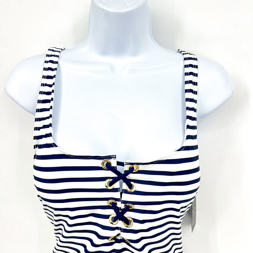 LAUREN RALPH LAUREN Luxe Stripe Laced Tank Swimsuit Size 12 Navy Blue White NWT