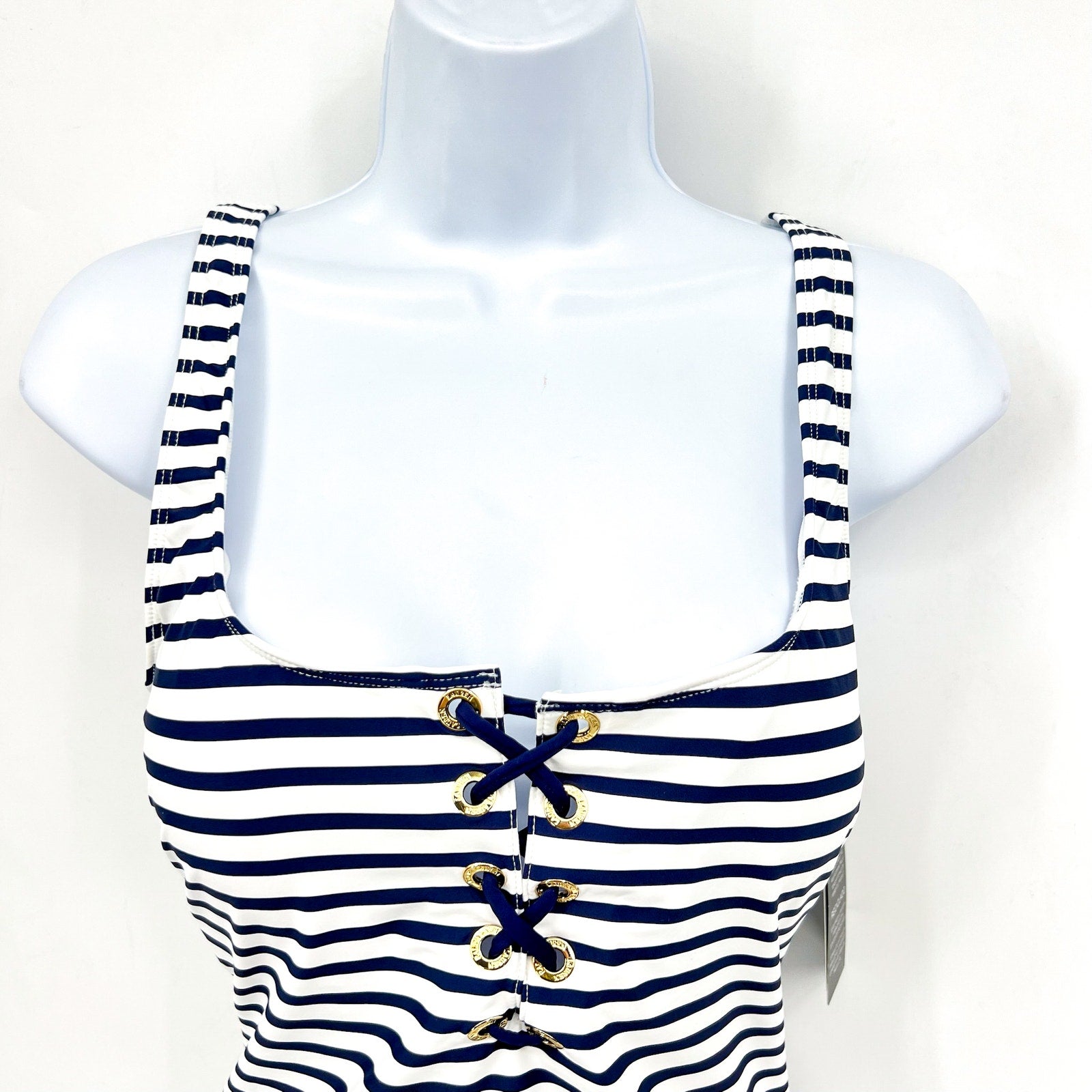 LAUREN RALPH LAUREN Luxe Stripe Laced Tank Swimsuit Size 12 Navy Blue White NWT