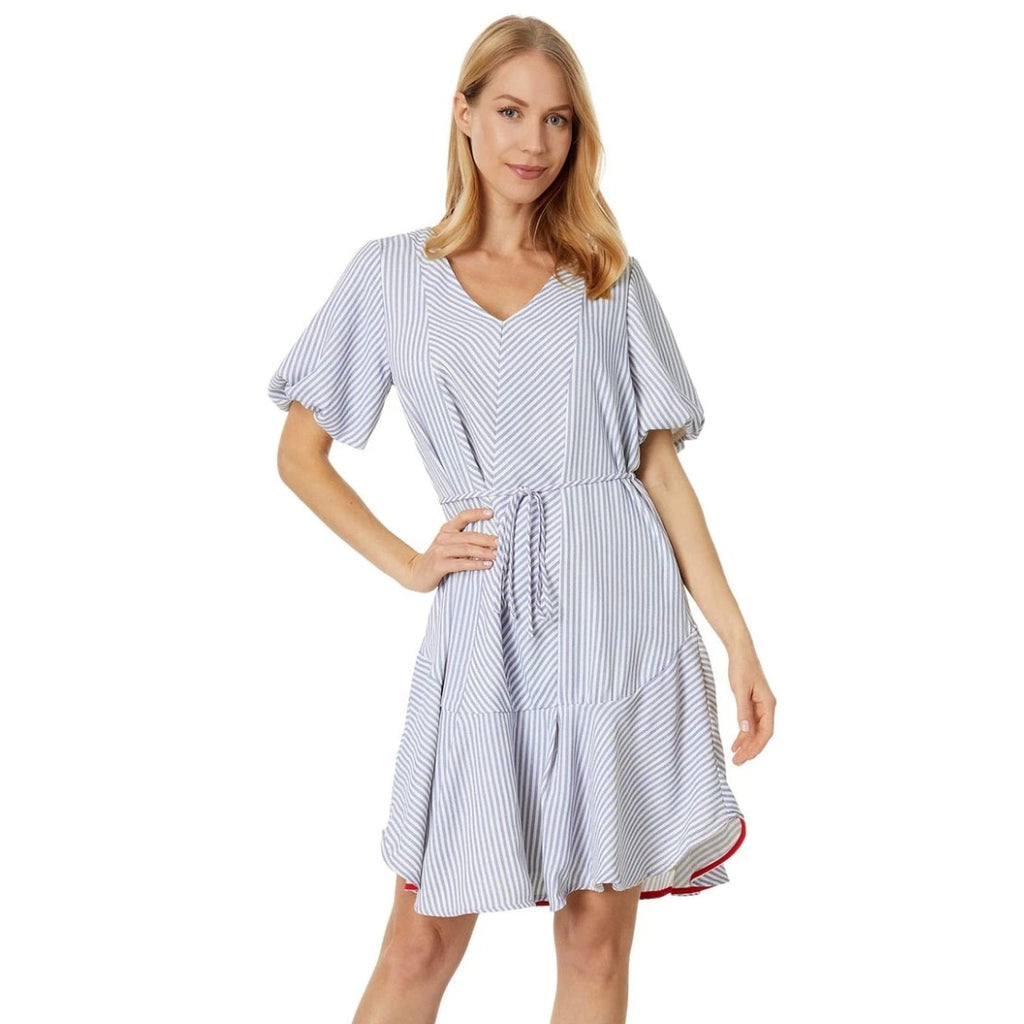 VINCE CAMUTO Women's V-Neck Dress Medium New Ivory Blue Oasis Stripe Belted NWT