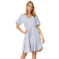 VINCE CAMUTO Women's V-Neck Dress Medium New Ivory Blue Oasis Stripe Belted NWT