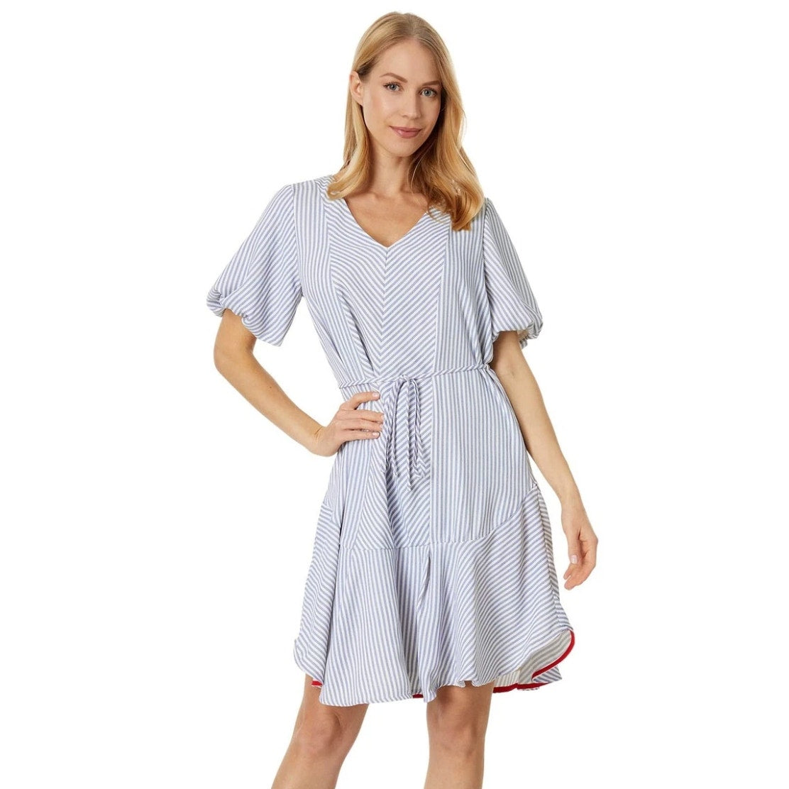 VINCE CAMUTO Women's V-Neck Dress Medium New Ivory Blue Oasis Stripe Belted NWT