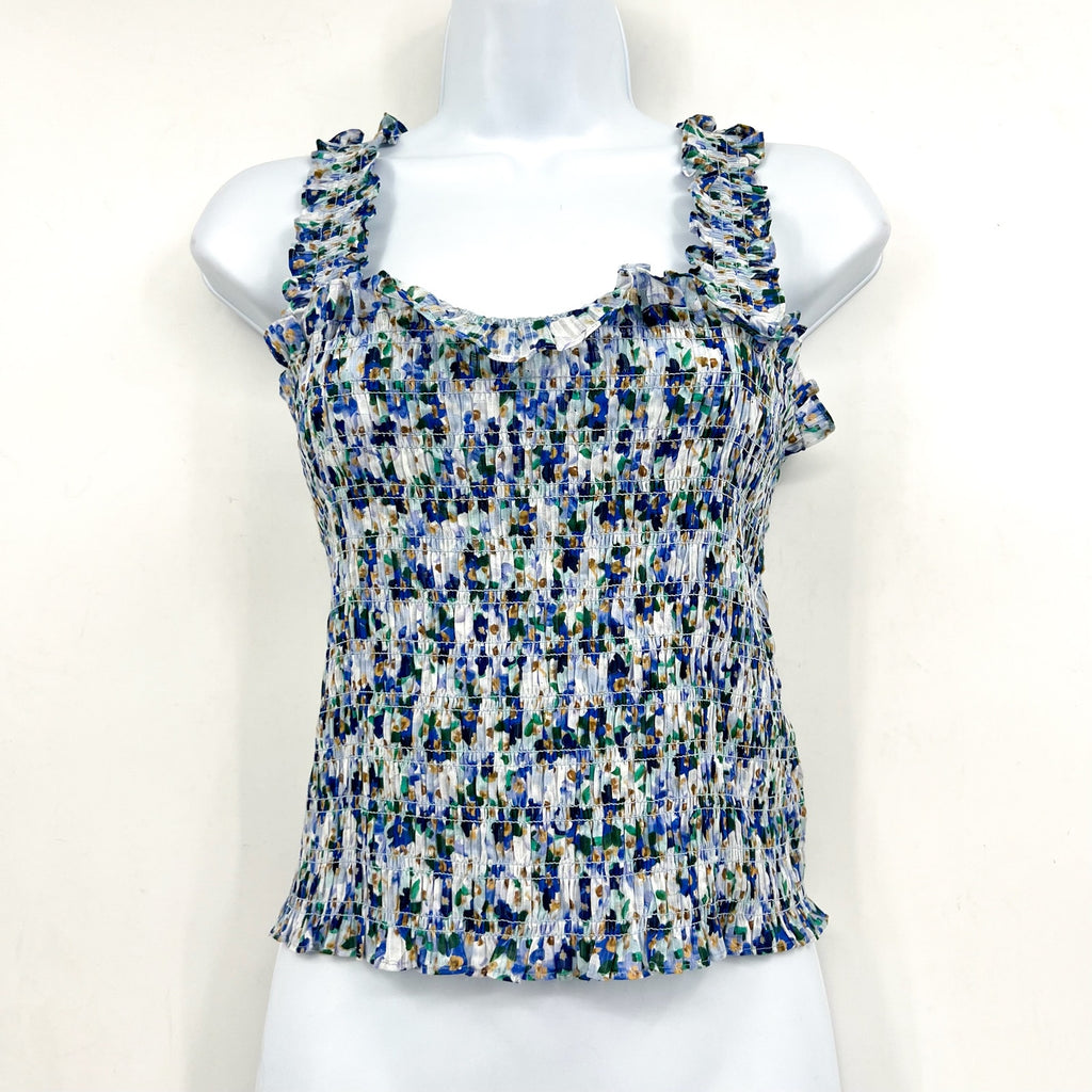 VERONICA BEARD Averie Smocked Tank Top Large Blue Cobalt Floral Print NWOT