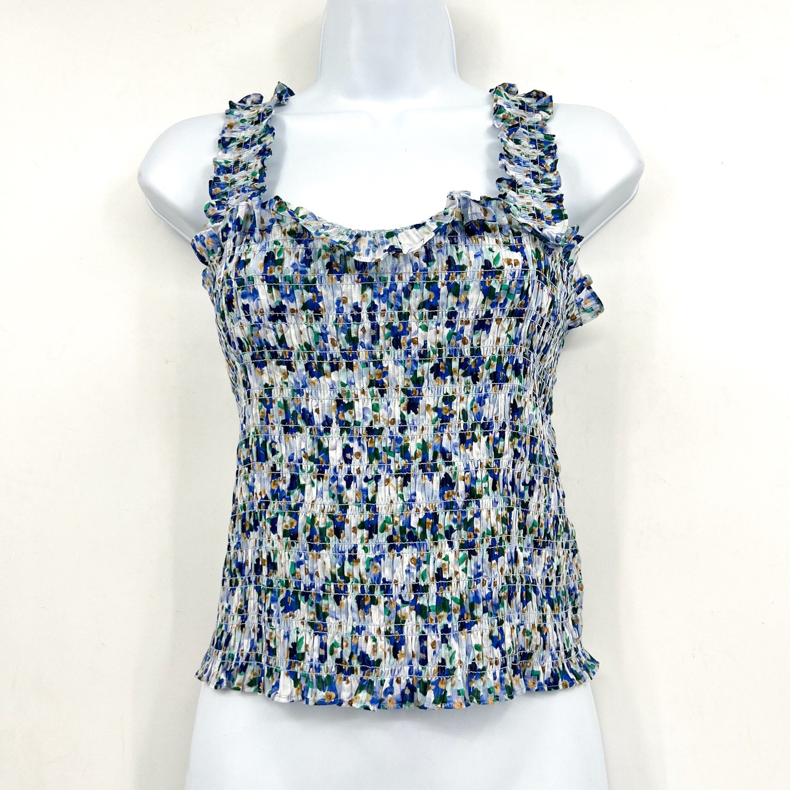 VERONICA BEARD Averie Smocked Tank Top Large Blue Cobalt Floral Print NWOT