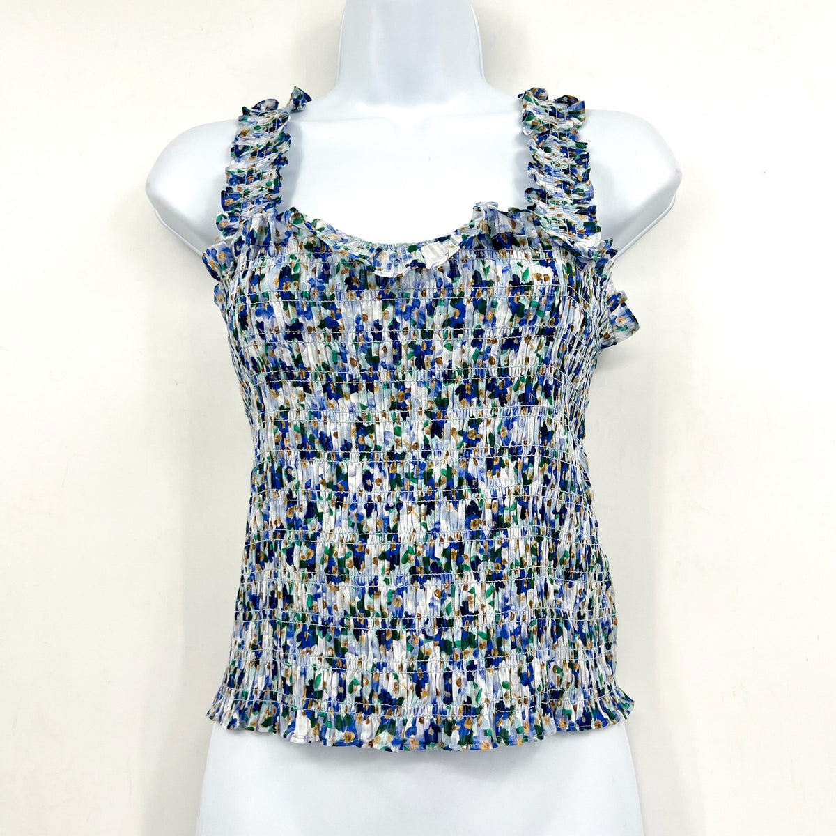 VERONICA BEARD Averie Smocked Tank Top Large Blue Cobalt Floral Print NWOT