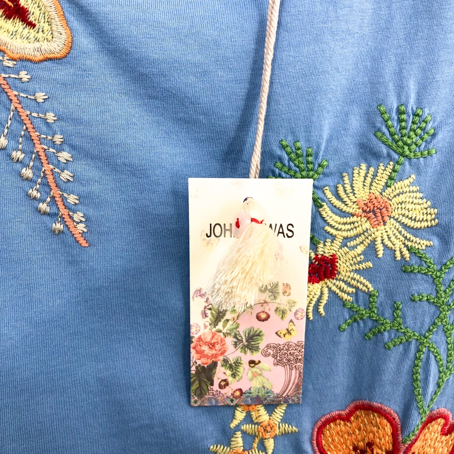 JOHNNY WAS Womens Raw Seam T-Shirt Small Blue Ishani Embroidered Floral NWT
