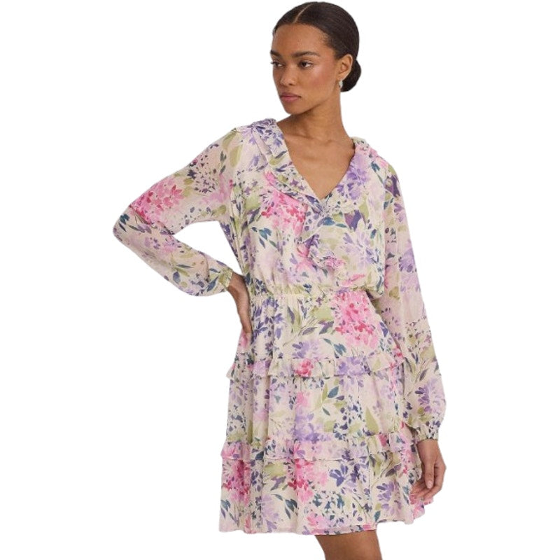 Lauren Ralph Lauren Surplice Dress Size 12 Pink Floral Crinkle Georgette NWT