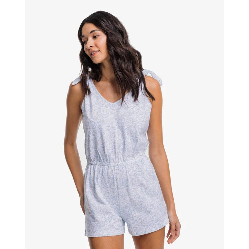 SOUTHERN TIDE Womens Forever Floral Tie Shoulder Romper Small White Sky Blue NWT