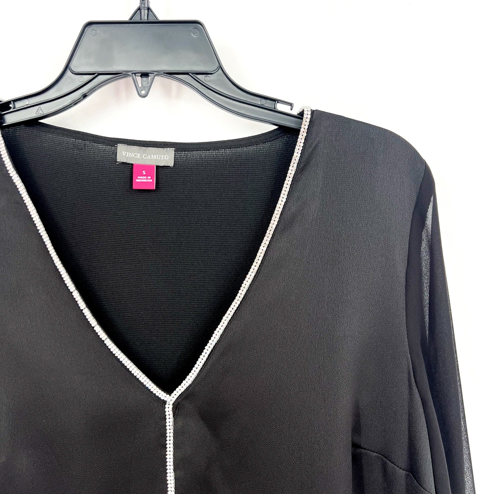 VINCE CAMUTO Womens Rhinestone-Trim Top Small Black V Neck Sheer Long Sleeve NWT