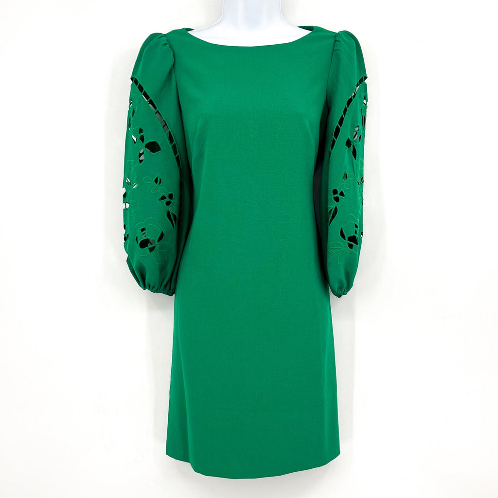 VINCE CAMUTO Women's Crepe Shift Dress Size 2 Green Eyelet Sleeve Cut Out NWOT