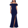 XSCAPE Women's Crepe Ruffled Gown Size 6 Navy Blue Off The Shoulder NWT