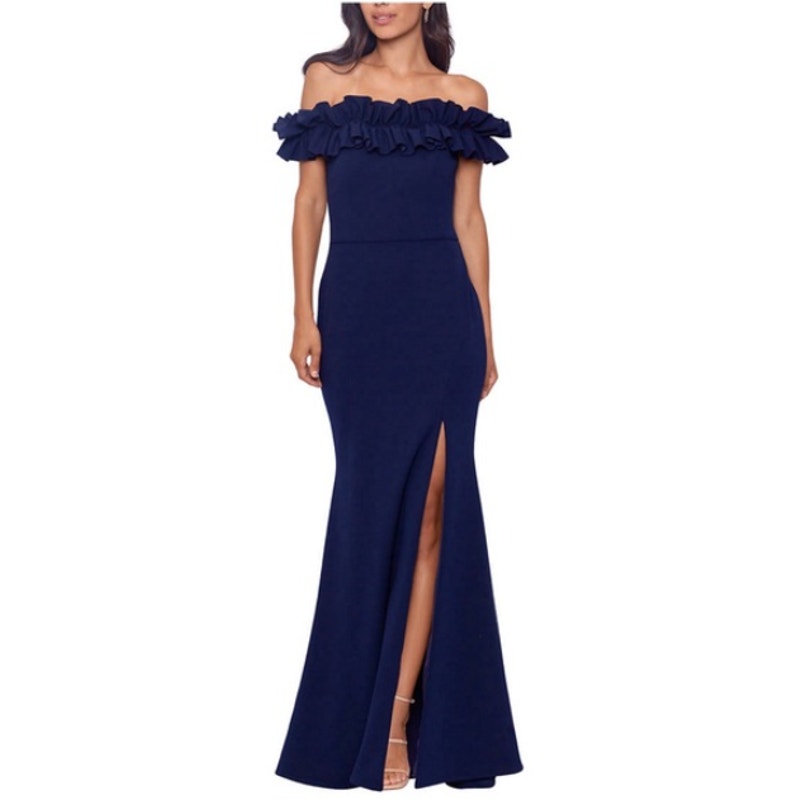 XSCAPE Women's Crepe Ruffled Gown Size 6 Navy Blue Off The Shoulder NWT