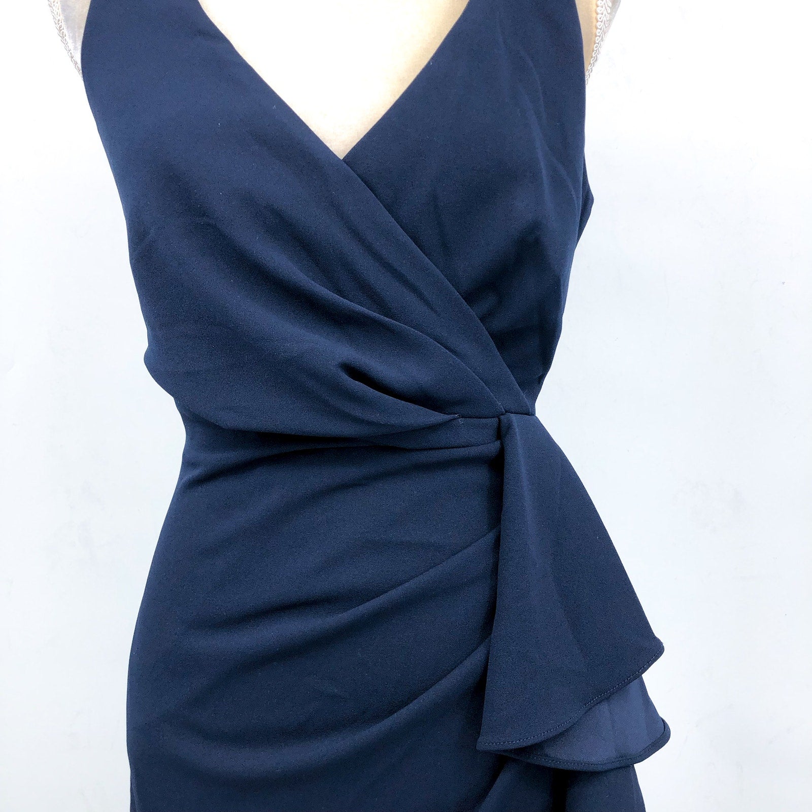 BETSY & ADAM Candace Long Cascade Dress 10 Navy Blue V- Neck Hi Low Crepe NWOT
