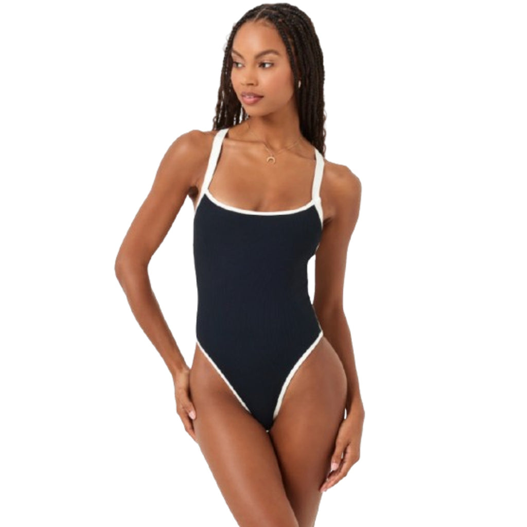 L*SPACE Women's Ribbed Baewatch One Piece Swimsuit Small Black Cream NWT