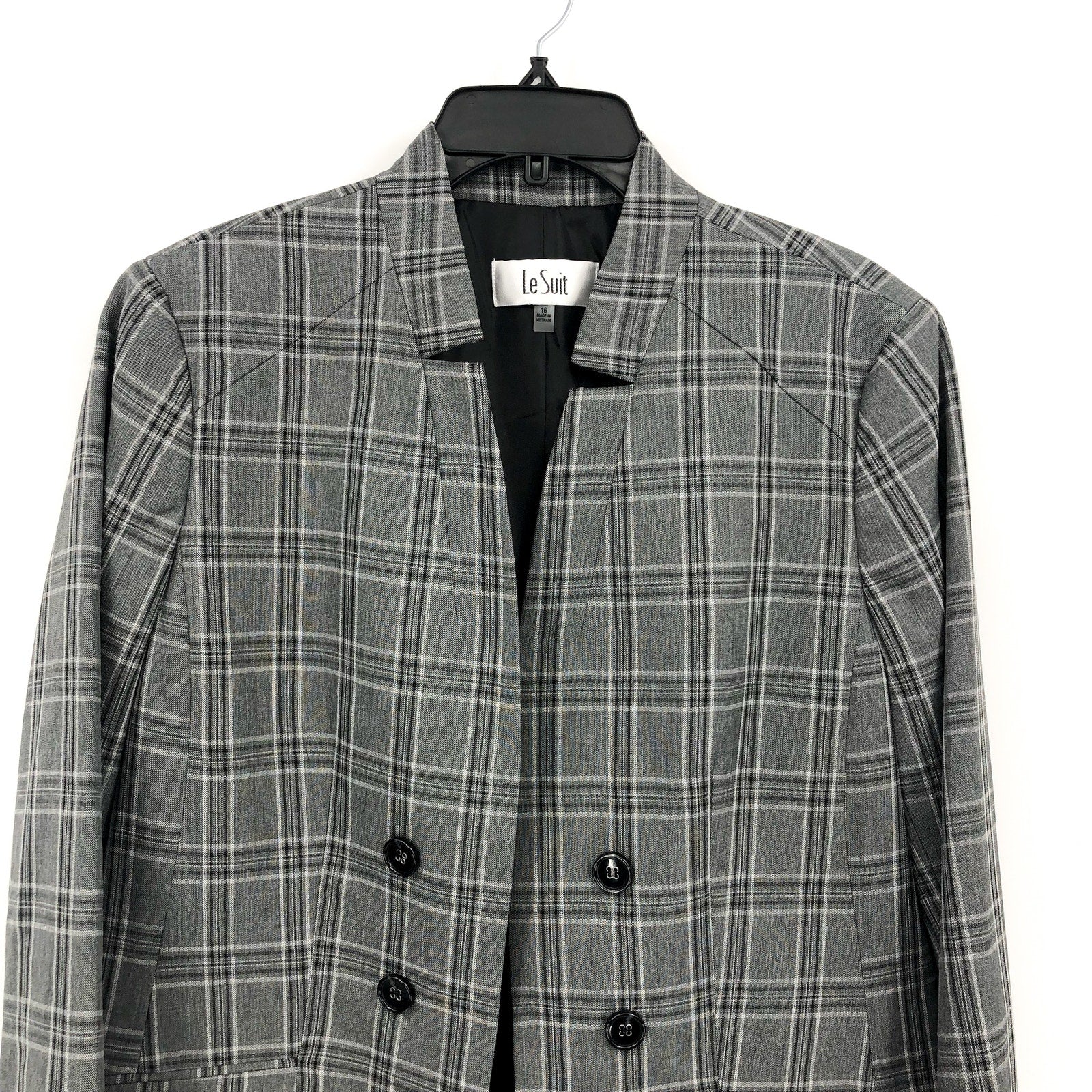 LE SUIT Womens Windowpane Plaid Suit Jacket 16 Grey Black 6 Button Blazer NWT