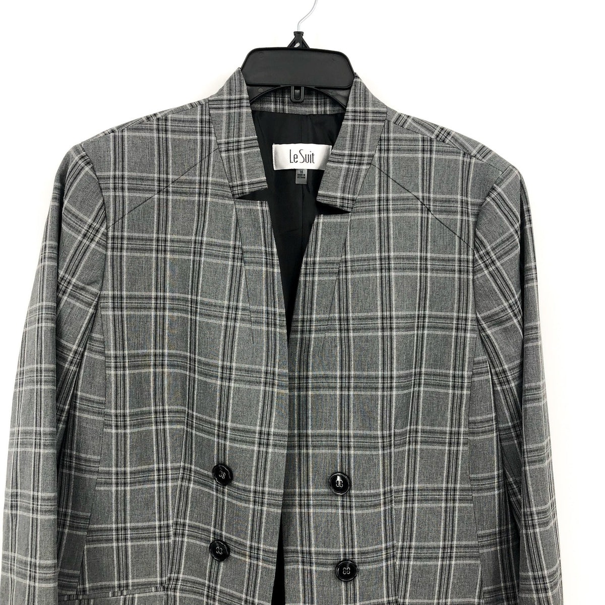 LE SUIT Womens Windowpane Plaid Suit Jacket SIZE 16 Grey Black Button Blazer NWT