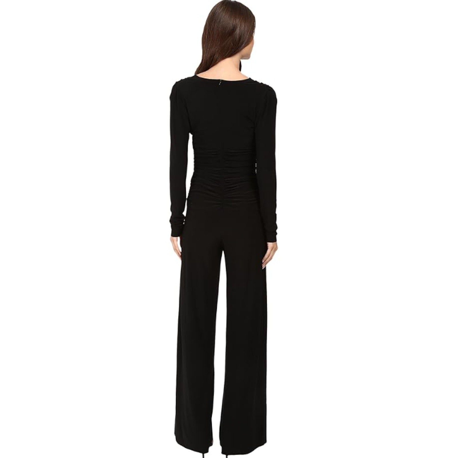 NORMA KAMALI V-Neck Shirred Waist Jumpsuit Medium 38 Black Long Sleeve NWT