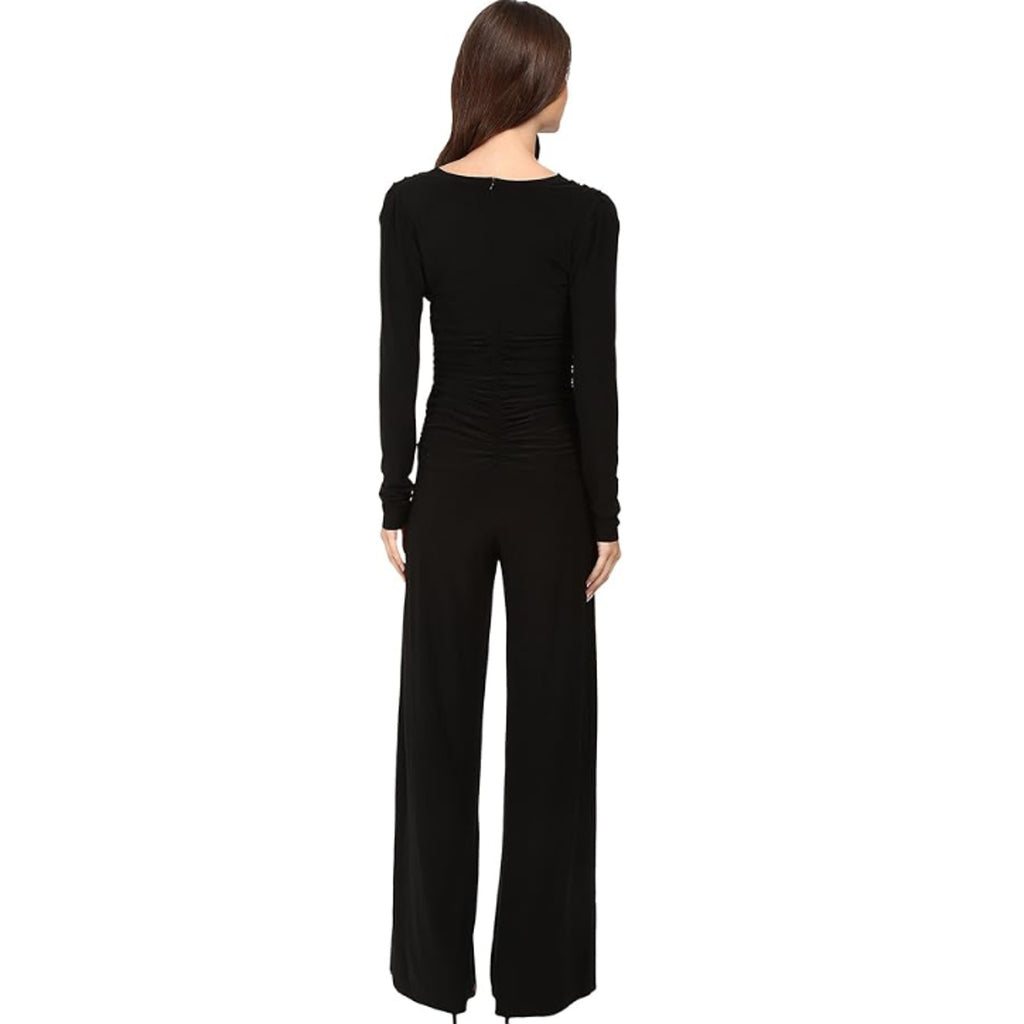 NORMA KAMALI V-Neck Shirred Waist Jumpsuit Medium 38 Black Long Sleeve NWT