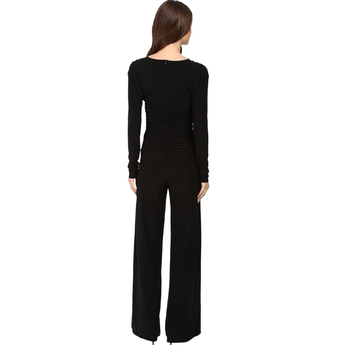 NORMA KAMALI V-Neck Shirred Waist Jumpsuit Medium 38 Black Long Sleeve NWT