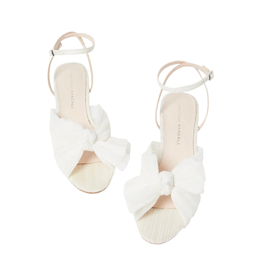 Loeffler Randall Women Dahlia Pleated Bow Heels US 6 Pearl Ivory Ankle Strap NIB