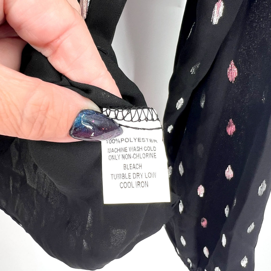 STITCH FIX - PAPERMOON Womens V Neck Blouse Small Black Silver Print NWT