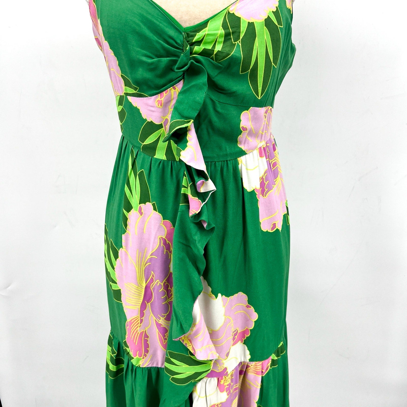 CECE Floral Tiered Maxi Dress Medium Green Peony Blossom Ruffle-Front NWT
