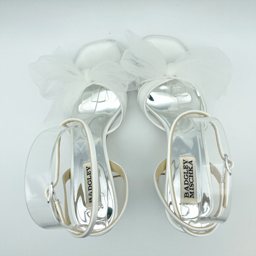 Badgley Mischka Womens Tess Heeled Sandals Size 8.5 M White Tulle Bow Bride NIB