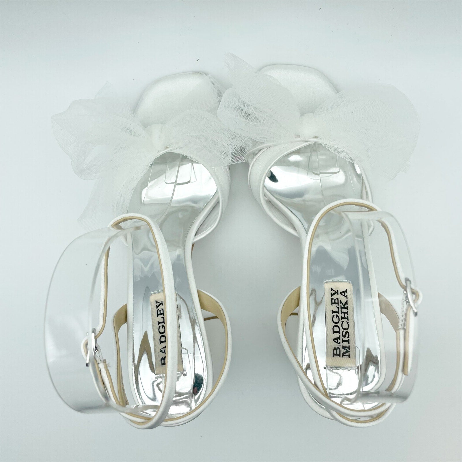 Badgley Mischka Womens Tess Heeled Sandals Size 8.5 M White Tulle Bow Bride NIB