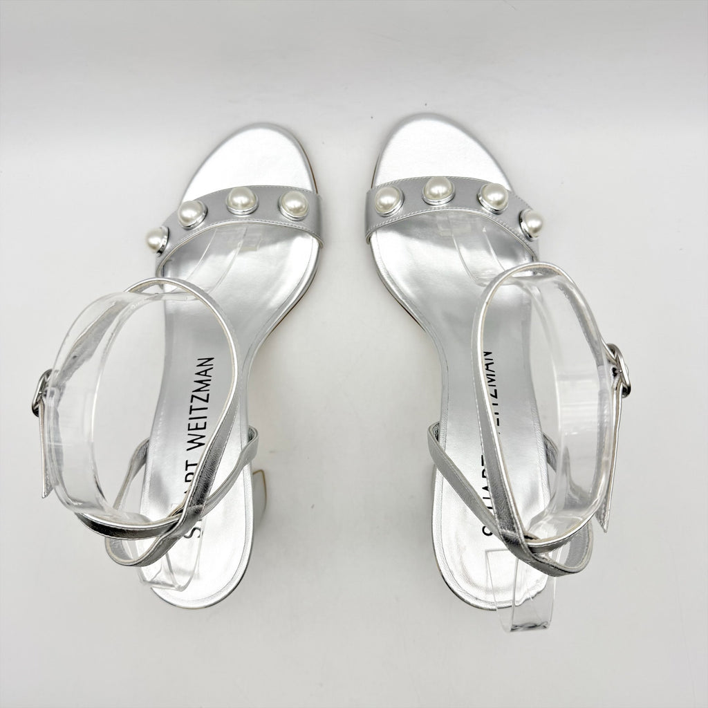 Stuart Weitzman Women Nearlybare Portia Heeled Sandal US 9 B Silver Leather NWOB