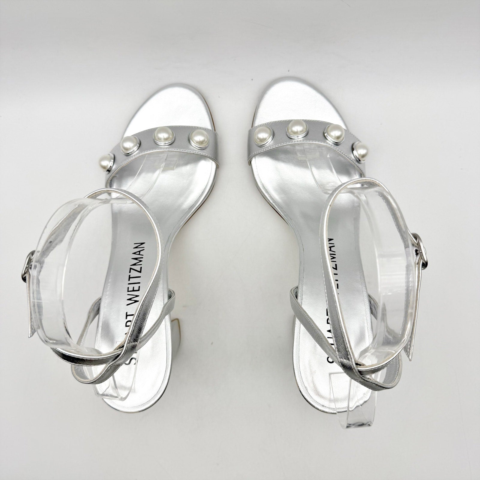Stuart Weitzman Women Nearlybare Portia Heeled Sandal US 9 B Silver Leather NWOB