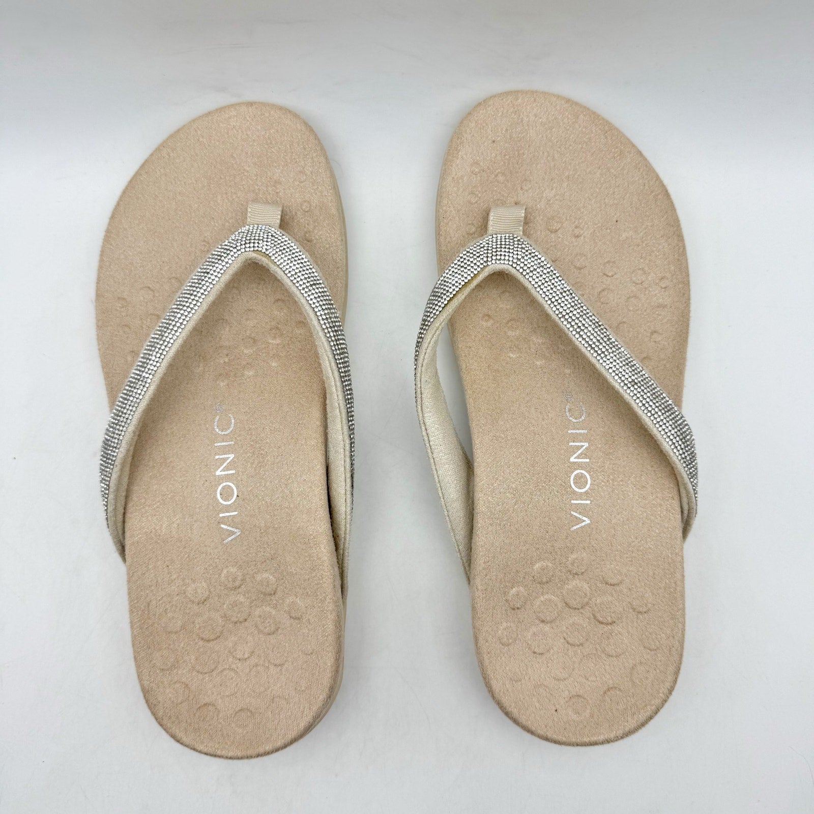 VIONIC Womens Dillon Shine Sandals US 5 WIDE EU 35 Cream Rhinestone Slip On NWOB