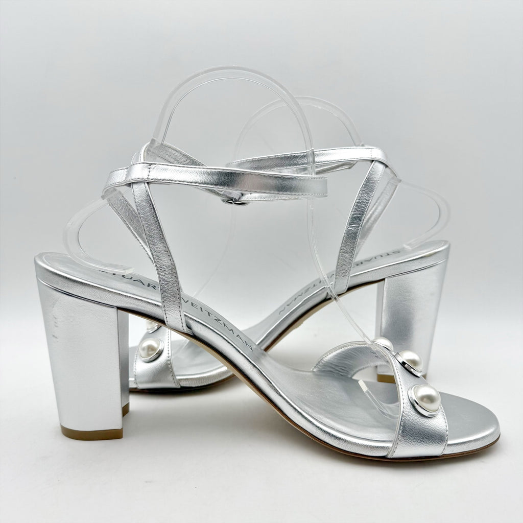 Stuart Weitzman Women Nearlybare Portia Heeled Sandal US 9 B Silver Leather NWOB