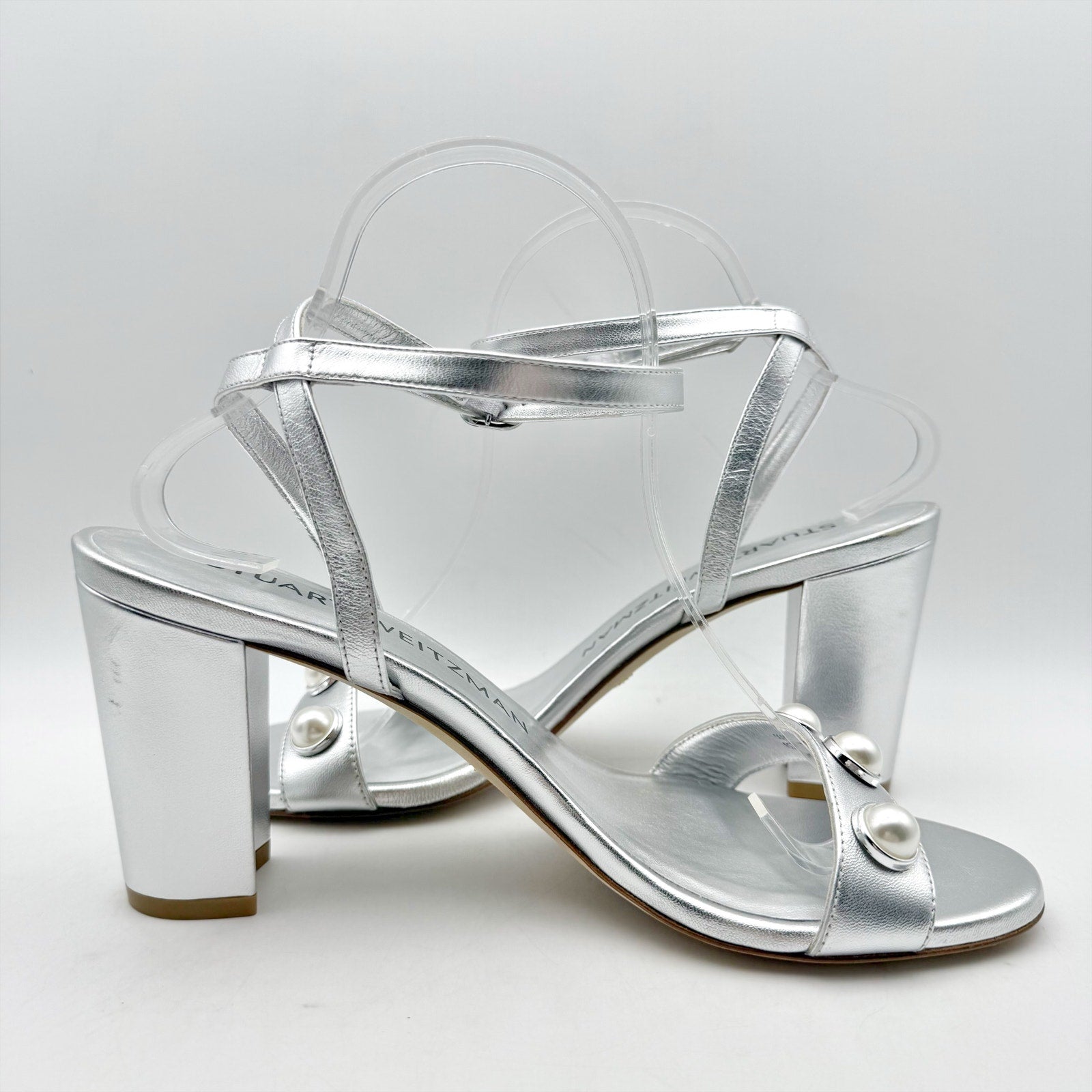 Stuart Weitzman Women Nearlybare Portia Heeled Sandal US 9 B Silver Leather NWOB