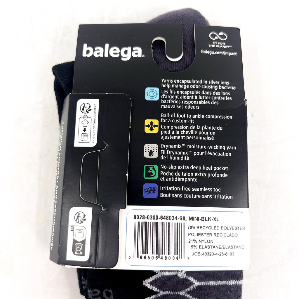 BALEGA Men's XL 12-14 Silver Mini Crew Socks Black Antibacterial Performance NWT