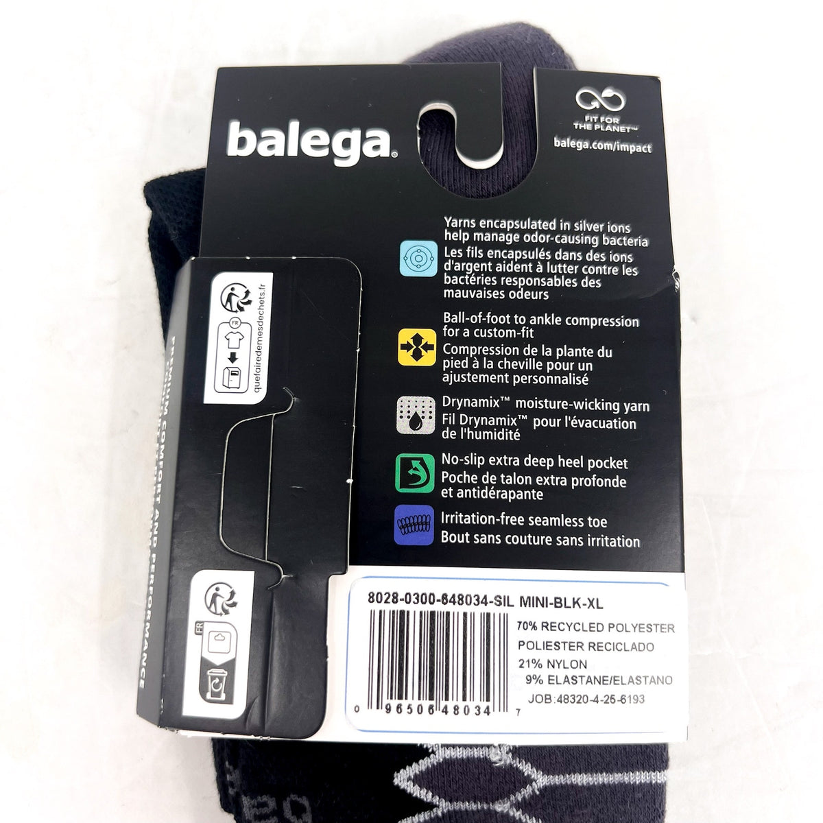 BALEGA Men's XL 12-14 Silver Mini Crew Socks Black Antibacterial Performance NWT