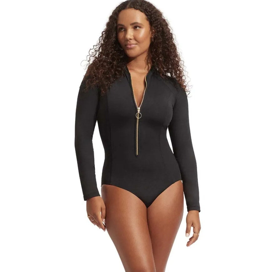 SEAFOLLY Women's Plain Zip Front Swim Surfsuit Size 8 Black Long Sleeve