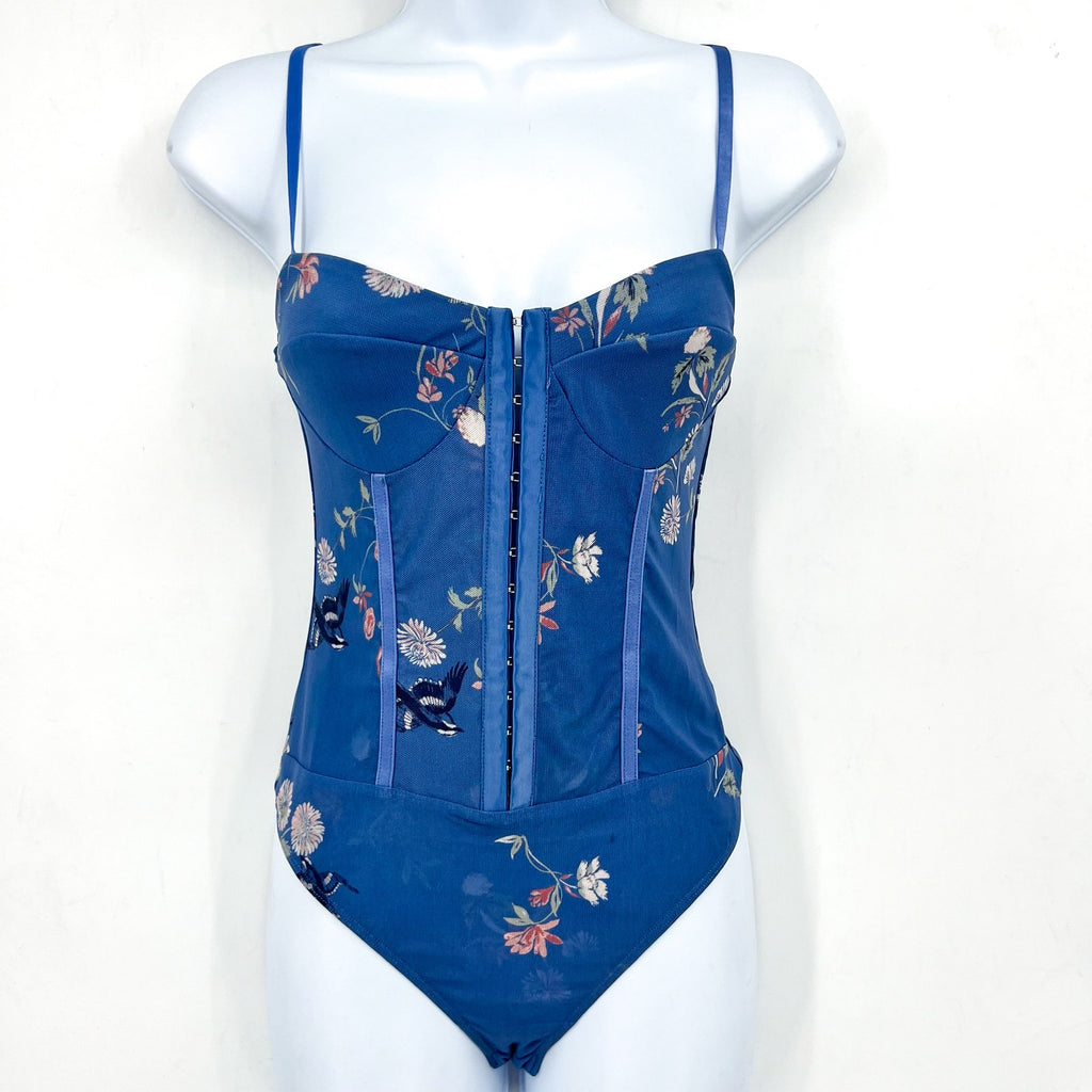 FREE PEOPLE X INTIMATELY FP Night Rhythm Bodysuit Small Blue Floral Corset NWT