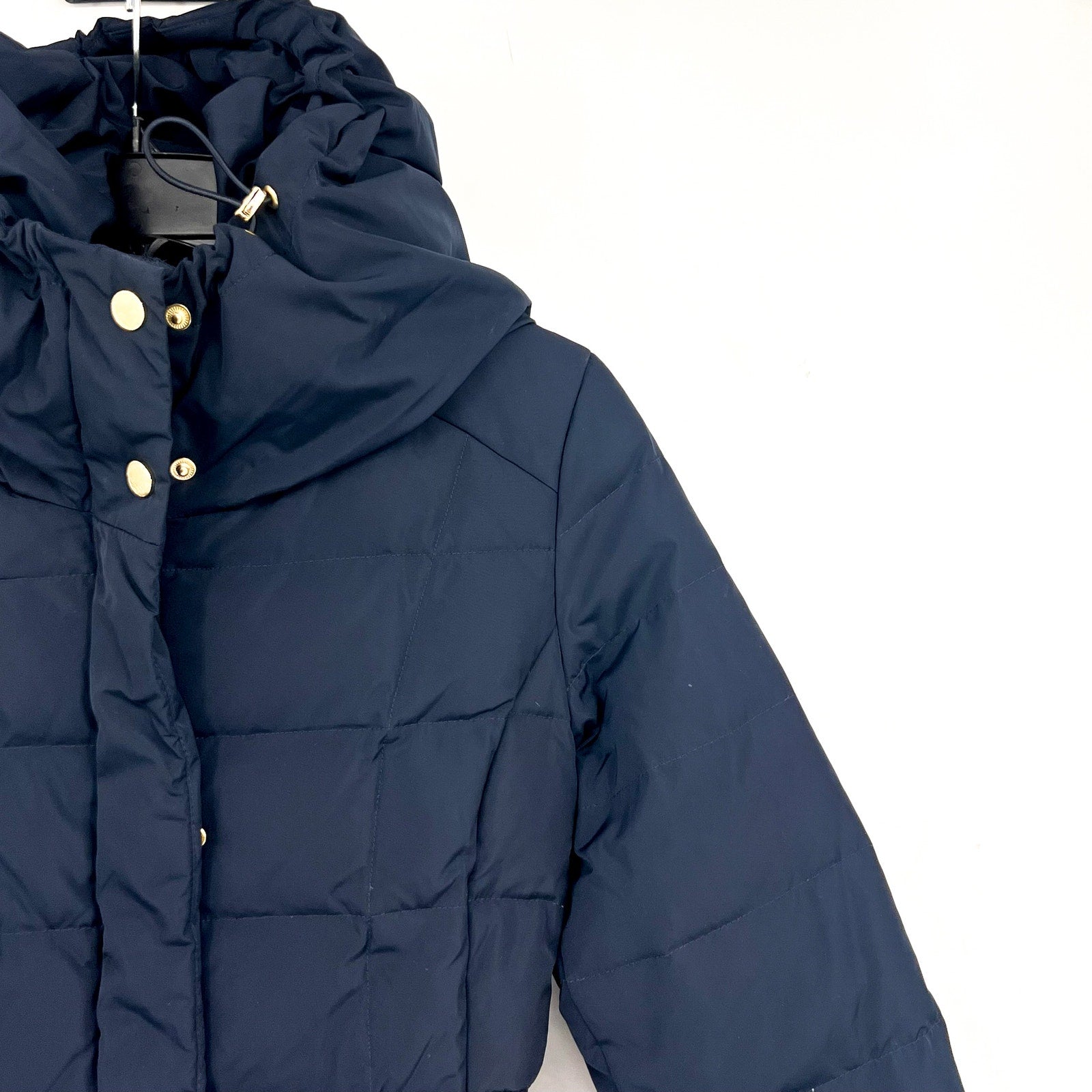 COLE HAAN Women’s Box Quilt Down Puffer Coat XS Navy Blue Hooded NWT