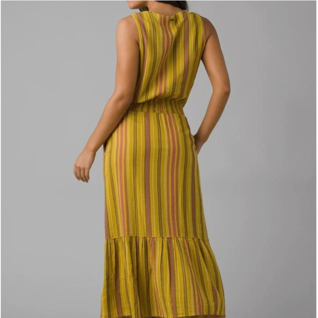 PRANA Womens California Dreaming Midi Dress Small Yellow Stripe Sleeveless NWT