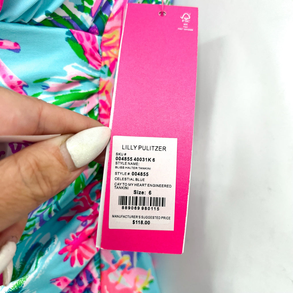 LILLY PULITZER Bliss Halter Tankini Top Size US 6 Pink Blue Cay to My Heart NWT