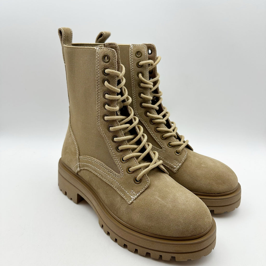 Steve Madden Womens Kenny Combat Boots US 6.5 M Taupe Tan Leather Lace Up NIB
