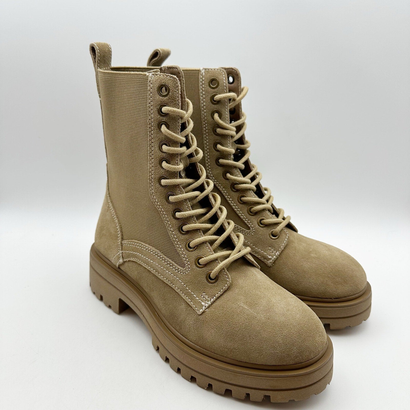Steve Madden Womens Kenny Combat Boots US 6.5 M Taupe Tan Leather Lace Up NIB