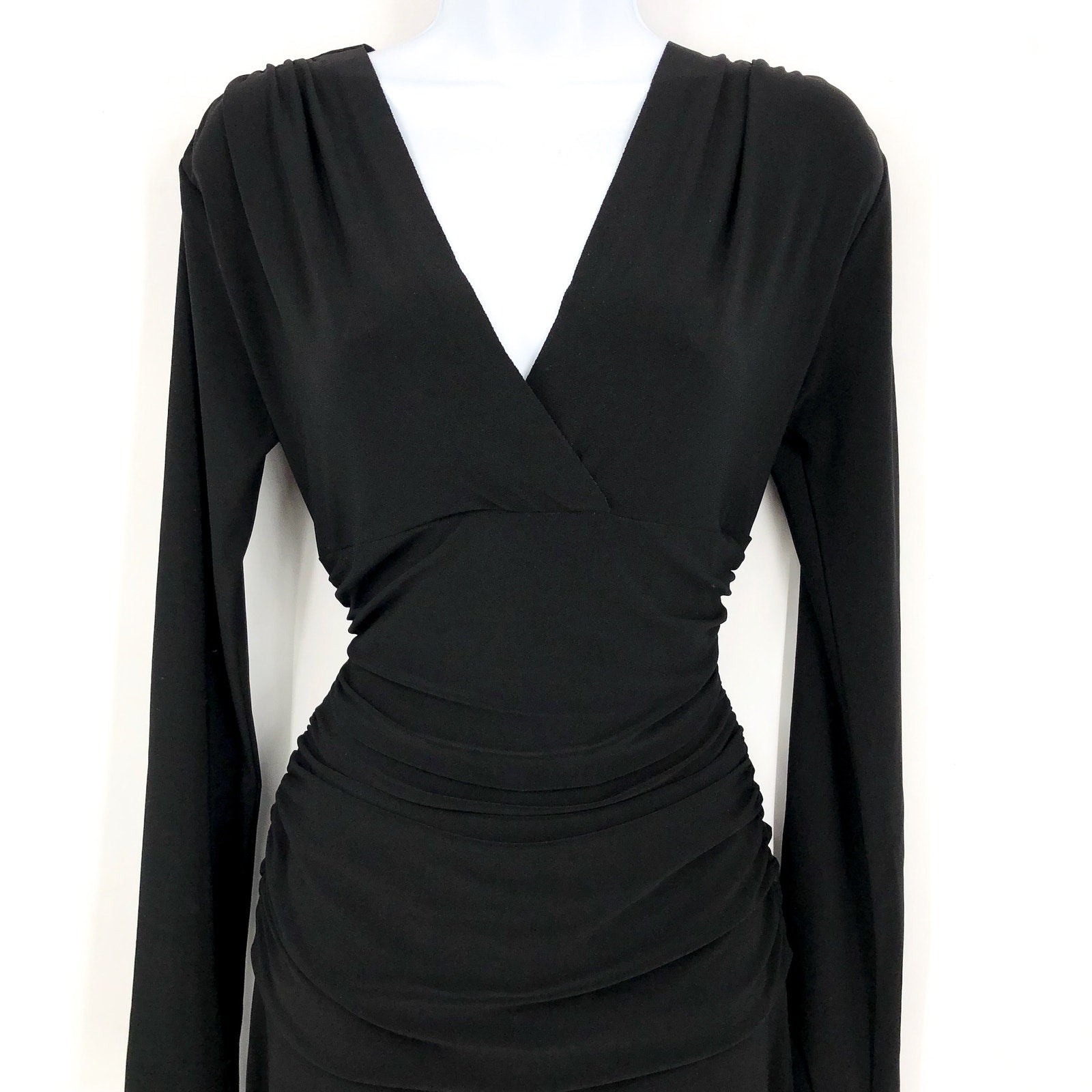 NORMA KAMALI V-Neck Shirred Waist Jumpsuit Medium 38 Black Long Sleeve NWT